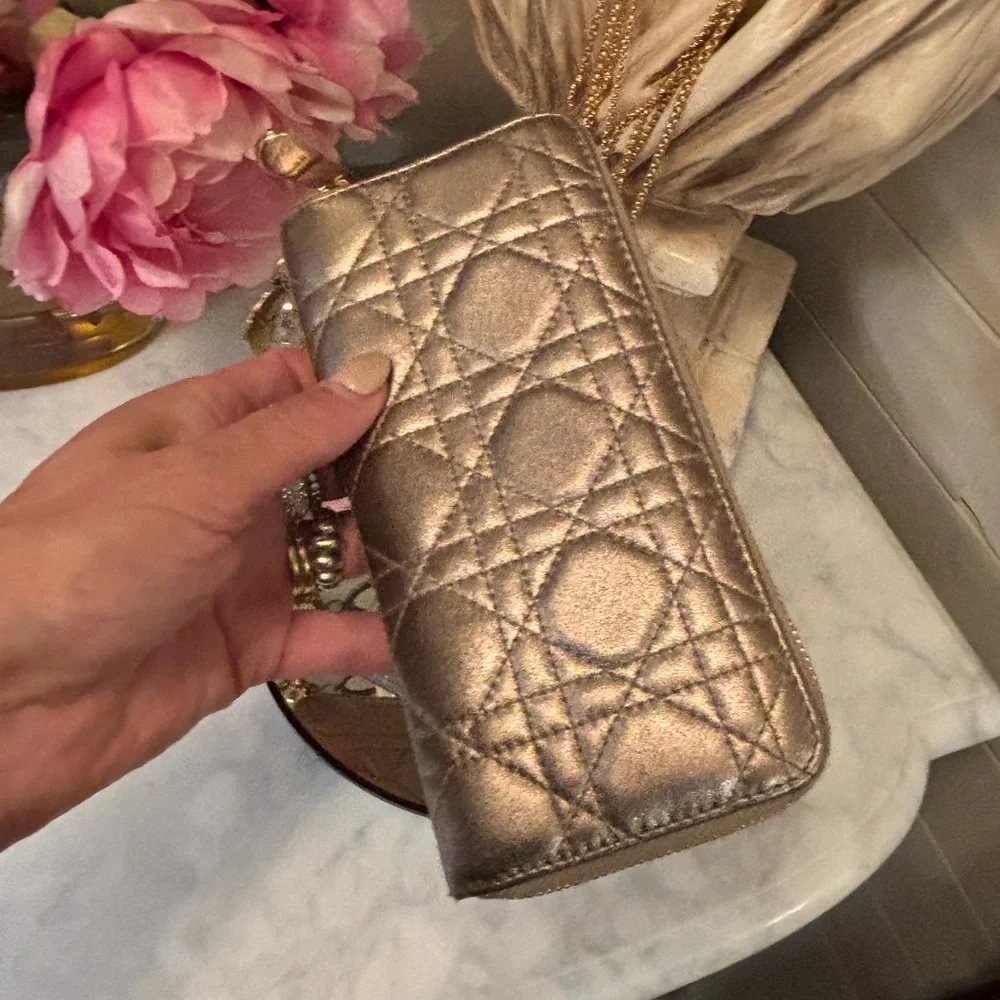 Gorgeous EUC Christian Dior Gold Quilted Cannage Long Wallet w Sig Charm Pull